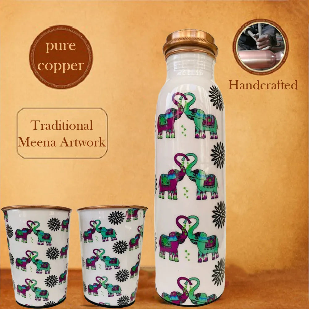 Pure copper handcrafted Elephants In Love bottle set highlighting premium tamba quality
