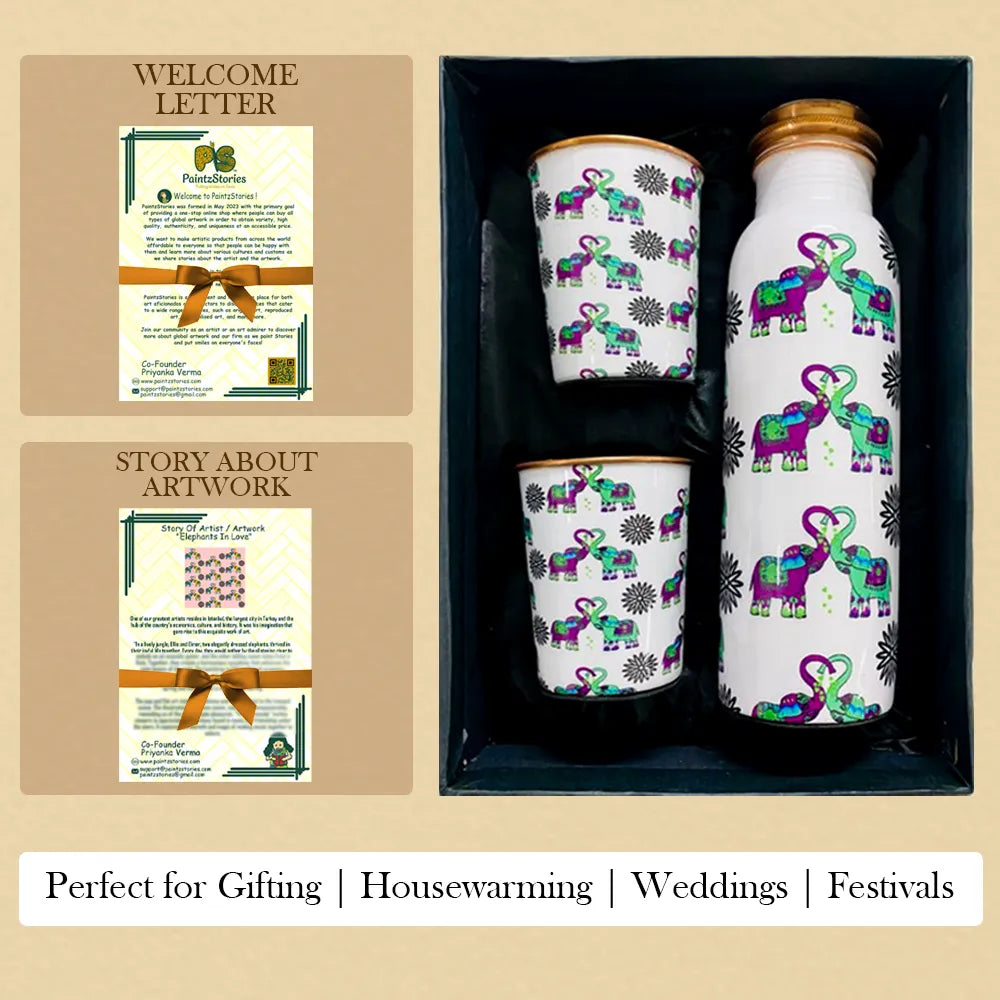 Elephants In Love copper bottle set in gift box with bottle and two copper glasses
