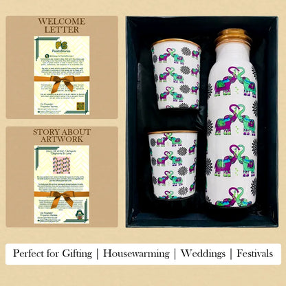 Elephants In Love copper bottle set in gift box with bottle and two copper glasses