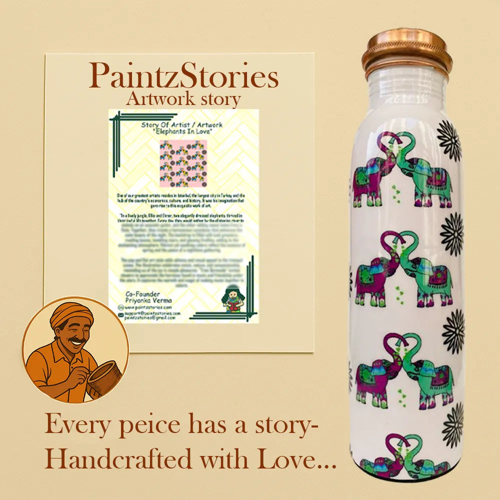 Story letter included with Elephants In Love copper bottle set describing artwork meaning