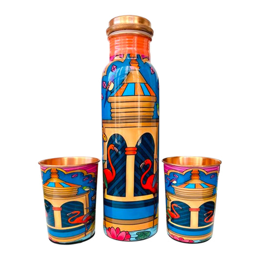 PAINTZSTORIES Flamingos In The Tomb Meena Print Copper Water Bottle Set | Handcrafted Tamba Bottle with 2 Glasses | Premium Copper Water Bottle for Home Décor, Office, Travel & Gifting | 900 ml