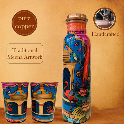 Pure copper handcrafted Flamingos in the Tomb bottle set highlighting natural copper benefits