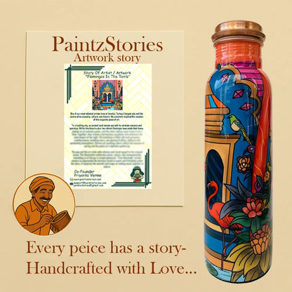 Story card included with Flamingos in the Tomb copper bottle set explaining artwork story