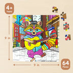Guitarist raccoon wooden puzzle dimension details, educational jigsaw toy size suitable for kids age 4+
