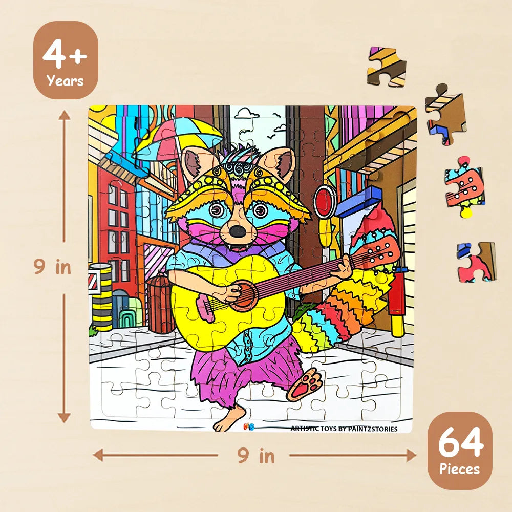Guitarist raccoon wooden puzzle dimension details, educational jigsaw toy size suitable for kids age 4+