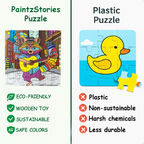 Wooden raccoon puzzle vs plastic puzzle comparison highlighting safe durable educational toy