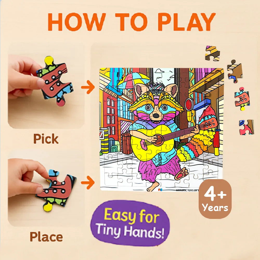 Easy-grip raccoon wooden puzzle pieces designed for small hands and smooth handling