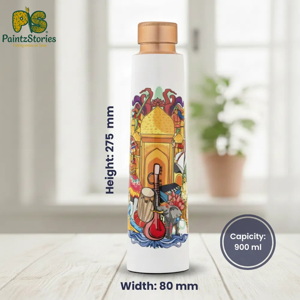 Dimensions of India’s Rich Culture copper water bottle with capacity and size details