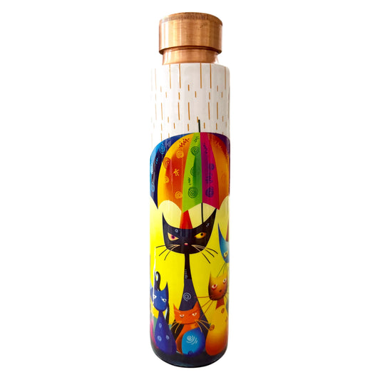 PAINTZSTORIES Rainy Day Whiskers Meena Print Copper Water Bottle | Handcrafted Tamba Bottle | Premium Copper Water Bottle for Home Décor, Office, Travel & Gifting | 900 ml