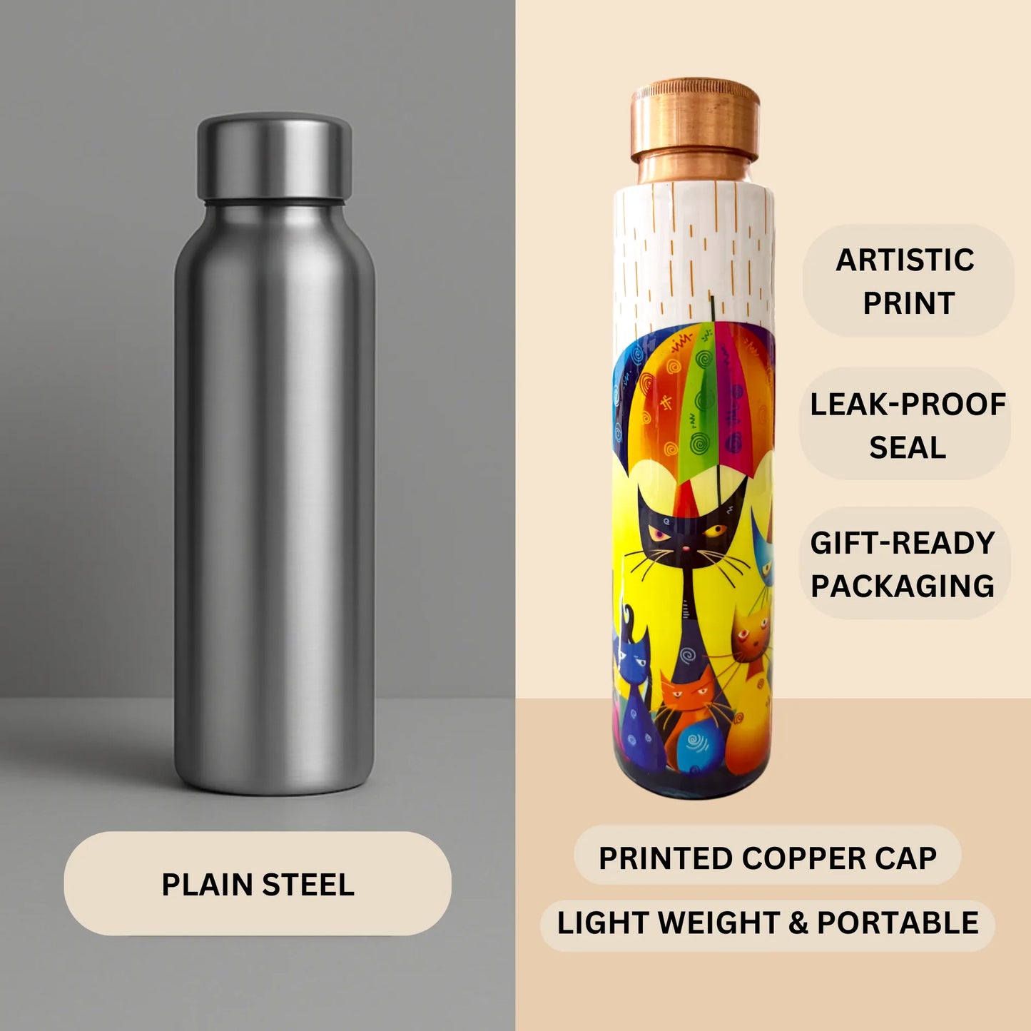 PAINTZSTORIES Rainy Day Whiskers Meena Print Copper Water Bottle | Handcrafted Tamba Bottle | Premium Copper Water Bottle for Home Décor, Office, Travel & Gifting | 900 ml