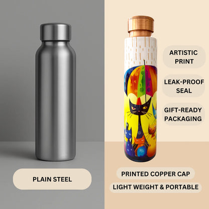 Comparison of copper vs steel bottle showing benefits of Rainy Day Whiskers tamba bottle