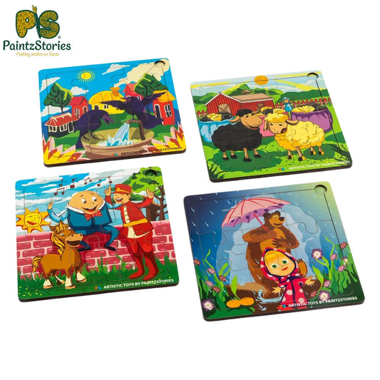 Educational wooden puzzle set for kids 3+ by PaintzStories featuring rhymes and story themes, artistic jigsaw toy for early learning and creativity
