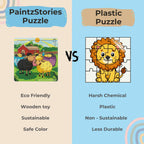 Wooden rhymes and stories puzzle vs plastic puzzle comparison showing safe eco-friendly PaintzStories learning toy