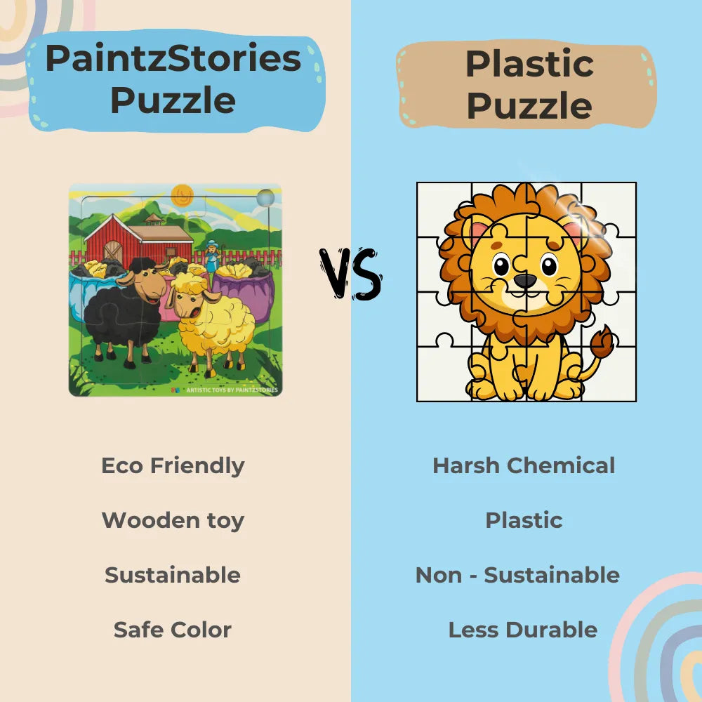 Wooden rhymes and stories puzzle vs plastic puzzle comparison showing safe eco-friendly PaintzStories learning toy