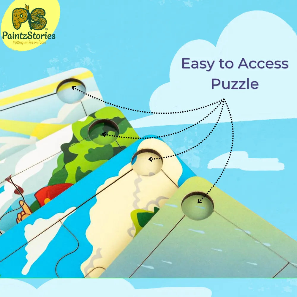 Kids easily handling rhymes and stories wooden puzzle pieces, PaintzStories educational jigsaw toy for fine motor skills