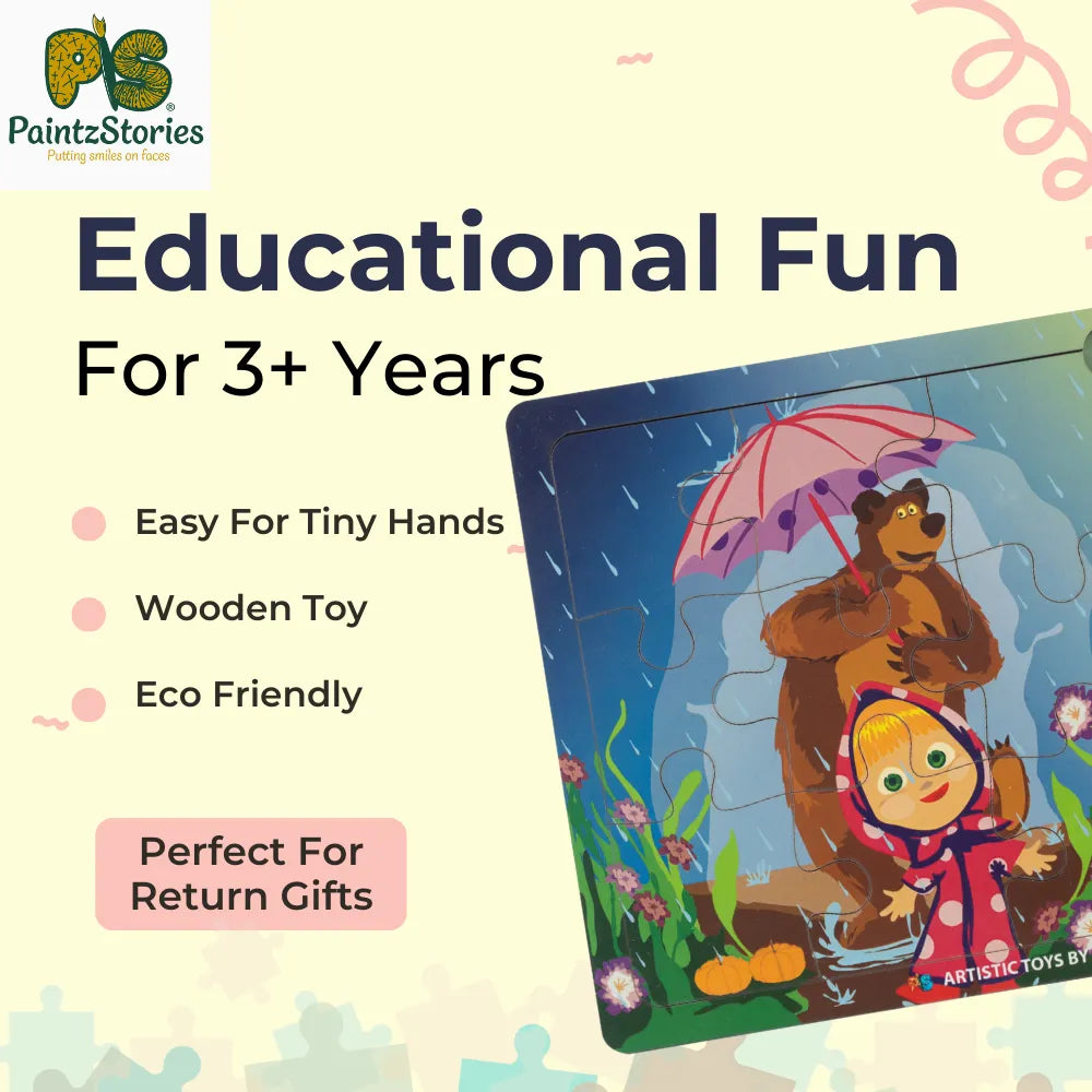 Child enjoying rhymes and stories wooden puzzle set, fun educational activity building creativity and cognitive skills
