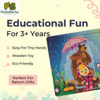 Child enjoying rhymes and stories wooden puzzle set, fun educational activity building creativity and cognitive skills