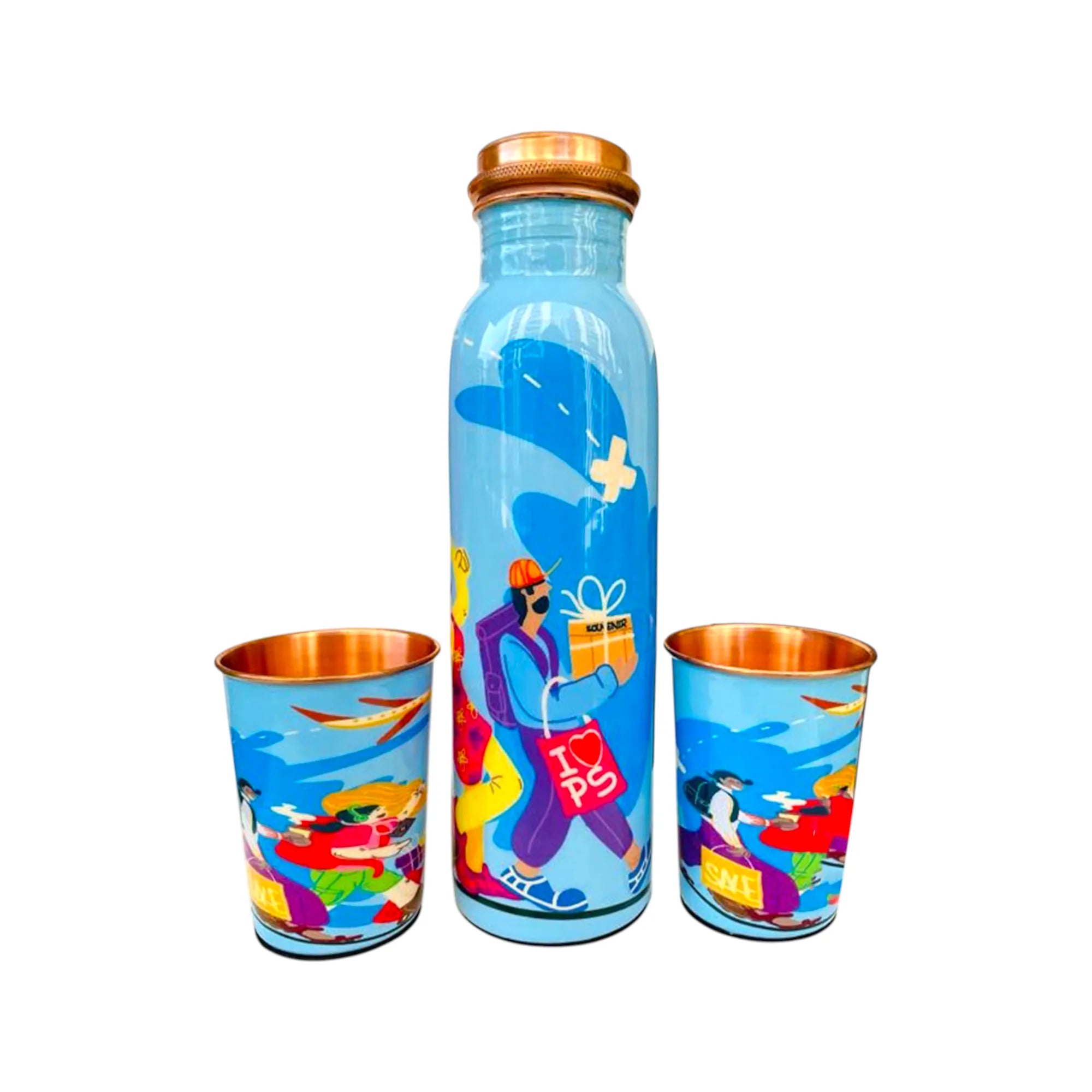 Travel Tales copper bottle set with glasses premium handcrafted tamba bottle by PaintzStories