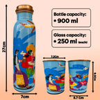 Dimensions of Travel Tales copper bottle set with size and storage details