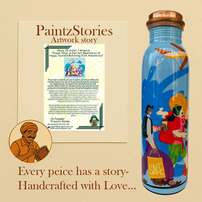 Story card of Travel Tales copper bottle set explaining travel inspired artwork