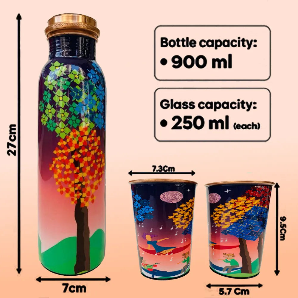Dimensions of Tree Serenade copper bottle set showing bottle size and capacity