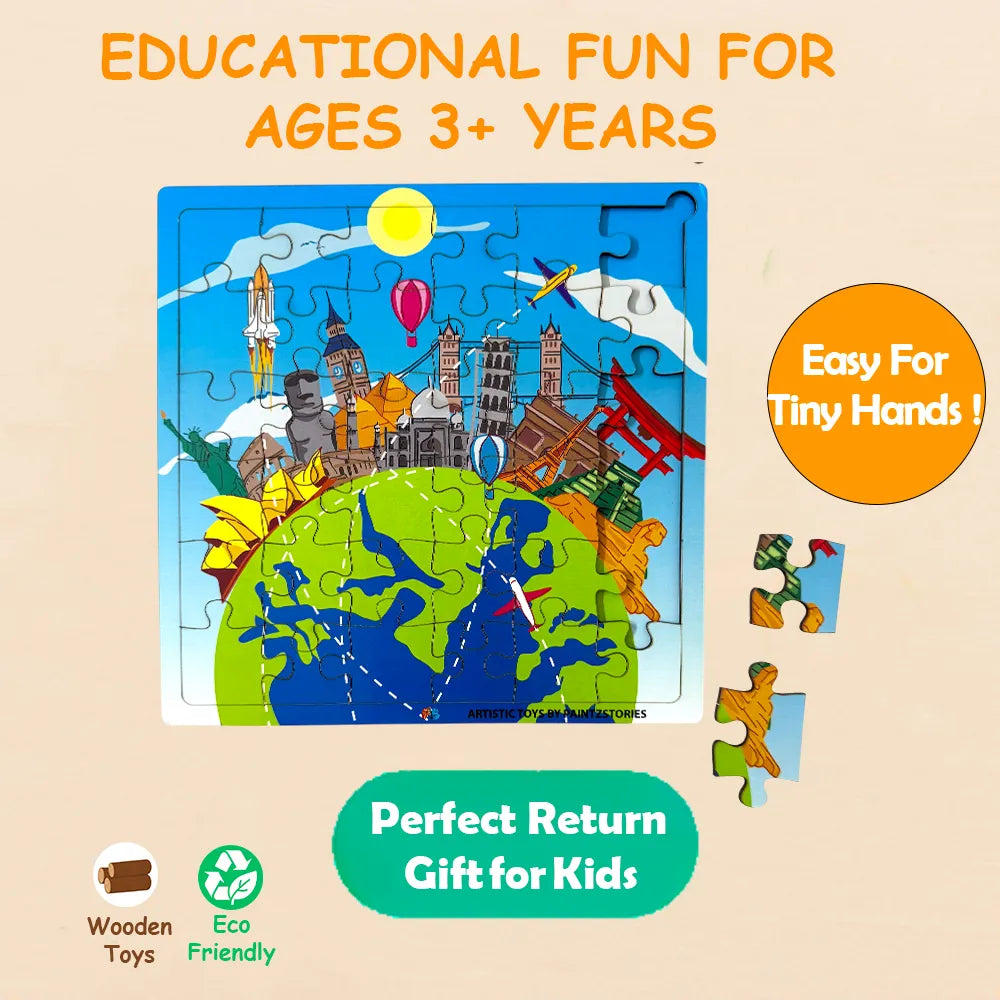 World landmarks wooden puzzle showing cognitive and motor skill development benefits for children