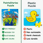 Wooden world landmarks puzzle vs plastic puzzle comparison showing safe eco-friendly educational toy