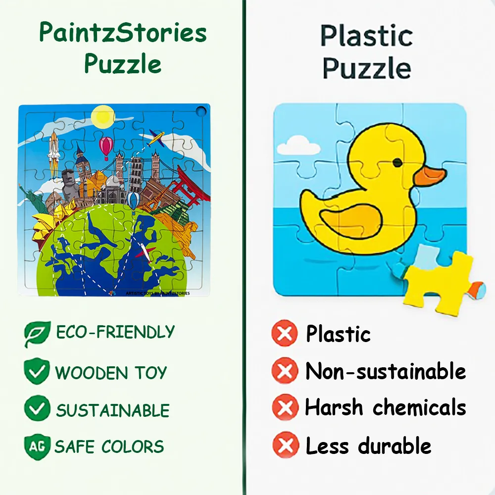 Wooden world landmarks puzzle vs plastic puzzle comparison showing safe eco-friendly educational toy