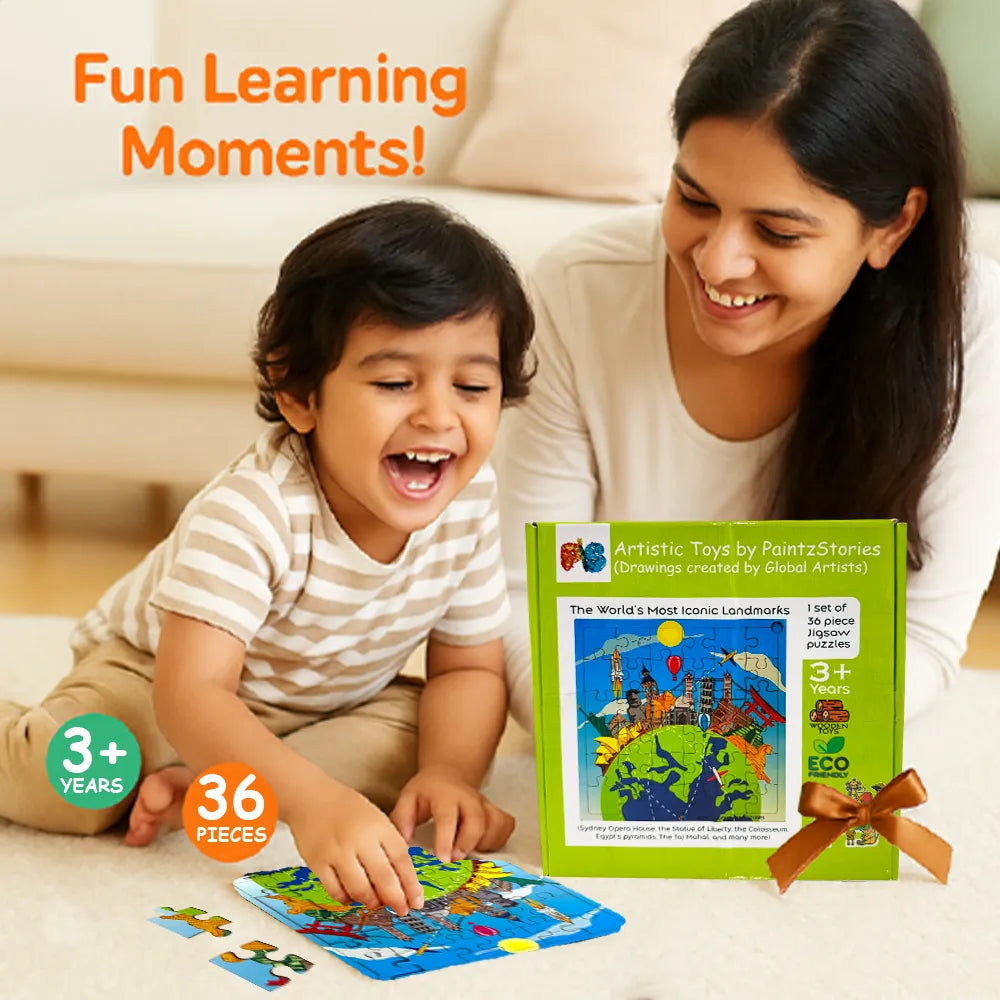 Kids enjoying iconic landmarks wooden puzzle during fun learning activity and exploration