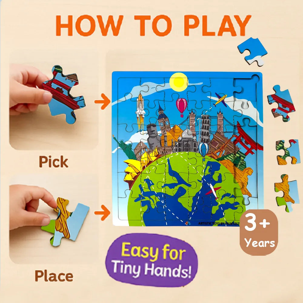 Easy-to-hold world landmarks wooden puzzle pieces designed for small kids’ hands
