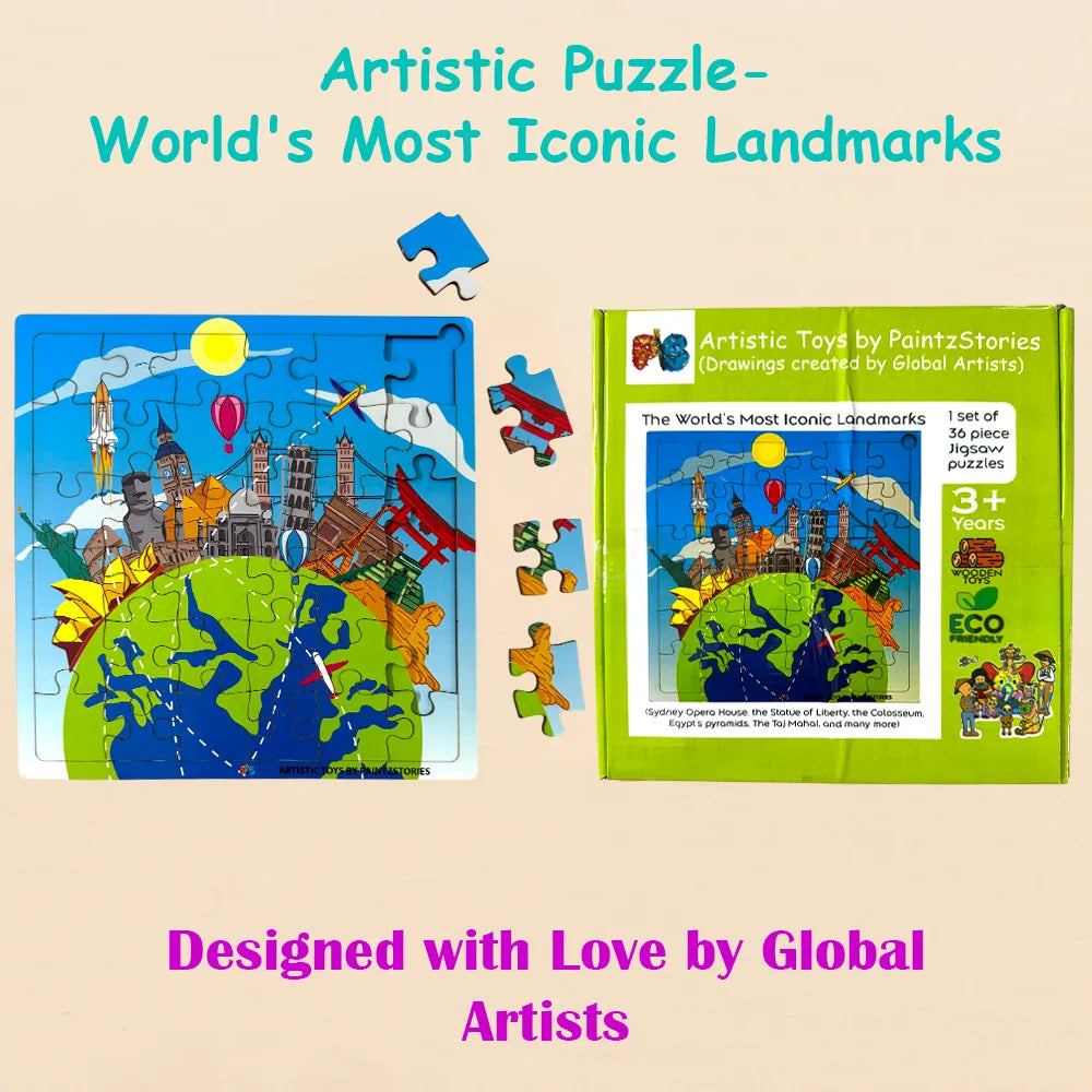 Artistic world landmarks wooden puzzle illustrated by global artists, creative educational toy for kids