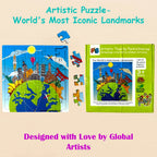 Artistic world landmarks wooden puzzle illustrated by global artists, creative educational toy for kids