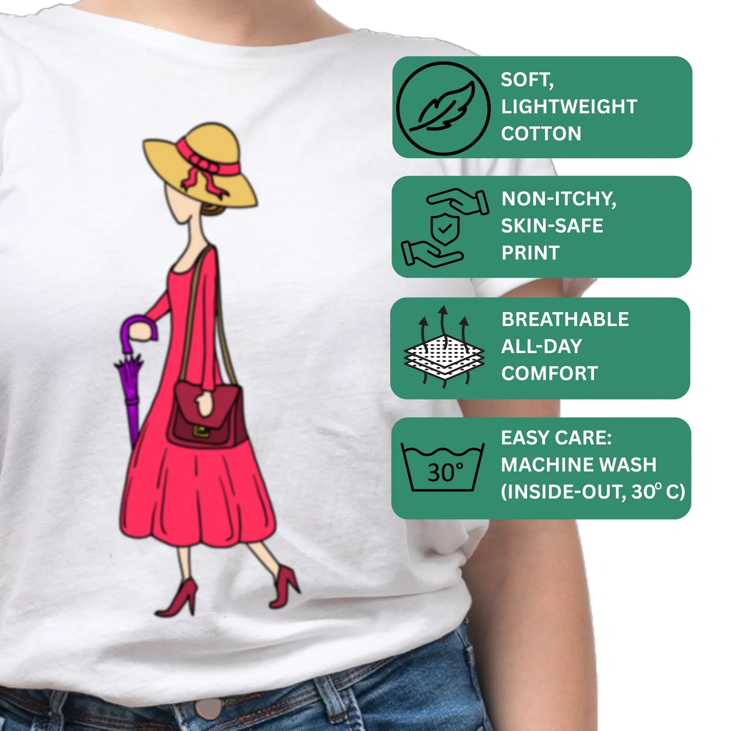 PAINTZSTORIES Walking Lady Unisex Cotton Round Neck T-Shirt | Modern Stylish Regular Fit Tee for Men & Women – Soft & Breathable Fabric, Daily Wear, Easy Care, Straight Hem, Comfortable Everyday Fit