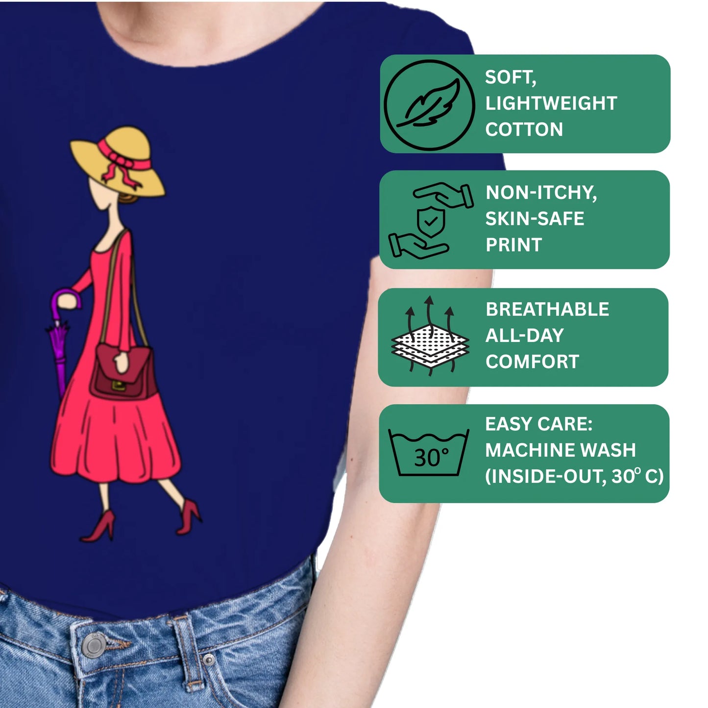 PAINTZSTORIES Walking Lady Unisex Cotton Round Neck T-Shirt | Modern Stylish Regular Fit Tee for Men & Women – Soft & Breathable Fabric, Daily Wear, Easy Care, Straight Hem, Comfortable Everyday Fit