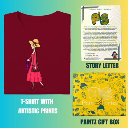 PAINTZSTORIES Walking Lady Unisex Cotton Round Neck T-Shirt | Modern Stylish Regular Fit Tee for Men & Women – Soft & Breathable Fabric, Daily Wear, Easy Care, Straight Hem, Comfortable Everyday Fit