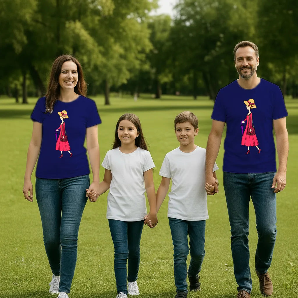 PAINTZSTORIES Walking Lady Unisex Cotton Round Neck T-Shirt | Modern Stylish Regular Fit Tee for Men & Women – Soft & Breathable Fabric, Daily Wear, Easy Care, Straight Hem, Comfortable Everyday Fit