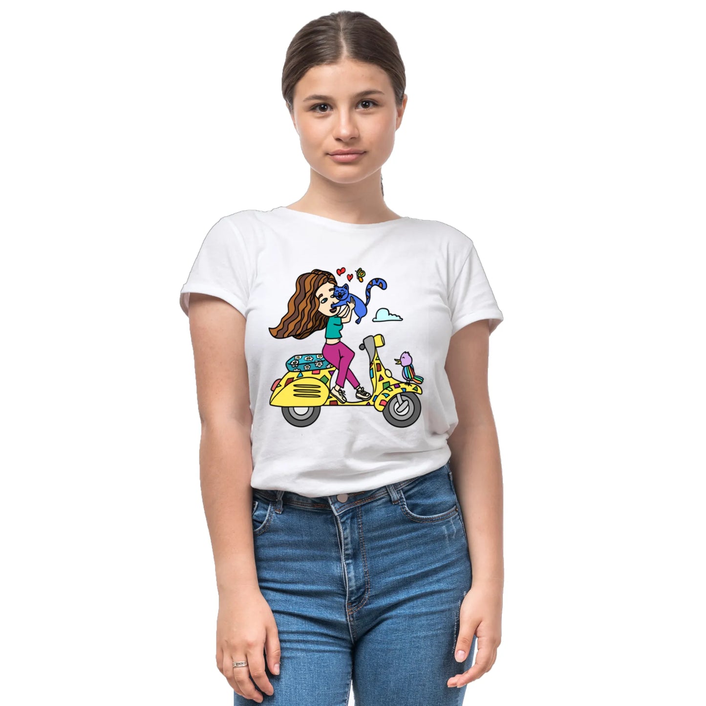 PAINTZSTORIES A girl on scooter Unisex Cotton Round Neck T-Shirt | Modern Stylish Regular Fit Tee for Men & Women – Soft & Breathable Fabric, Casual Daily Wear, Easy Care, Comfortable Everyday Fit