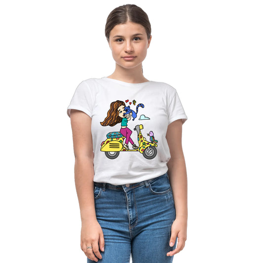 PAINTZSTORIES A girl on scooter Unisex Cotton Round Neck T-Shirt | Modern Stylish Regular Fit Tee for Men & Women – Soft & Breathable Fabric, Casual Daily Wear, Easy Care, Comfortable Everyday Fit