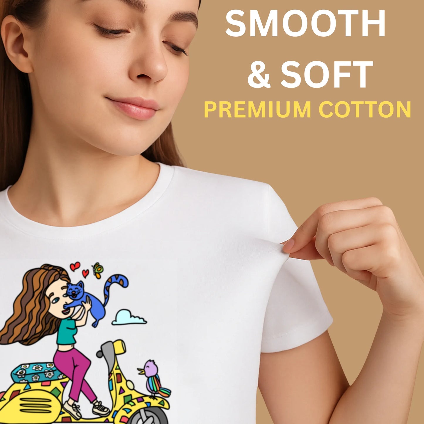 PAINTZSTORIES A girl on scooter Unisex Cotton Round Neck T-Shirt | Modern Stylish Regular Fit Tee for Men & Women – Soft & Breathable Fabric, Casual Daily Wear, Easy Care, Comfortable Everyday Fit