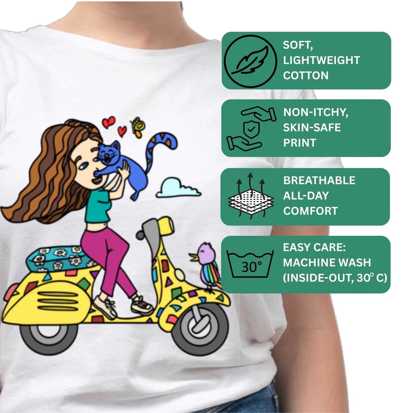 PAINTZSTORIES A girl on scooter Unisex Cotton Round Neck T-Shirt | Modern Stylish Regular Fit Tee for Men & Women – Soft & Breathable Fabric, Casual Daily Wear, Easy Care, Comfortable Everyday Fit