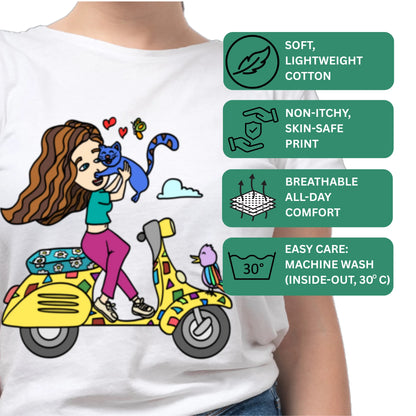 PAINTZSTORIES A girl on scooter Unisex Cotton Round Neck T-Shirt | Modern Stylish Regular Fit Tee for Men & Women – Soft & Breathable Fabric, Casual Daily Wear, Easy Care, Comfortable Everyday Fit