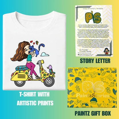 PAINTZSTORIES A girl on scooter Unisex Cotton Round Neck T-Shirt | Modern Stylish Regular Fit Tee for Men & Women – Soft & Breathable Fabric, Casual Daily Wear, Easy Care, Comfortable Everyday Fit