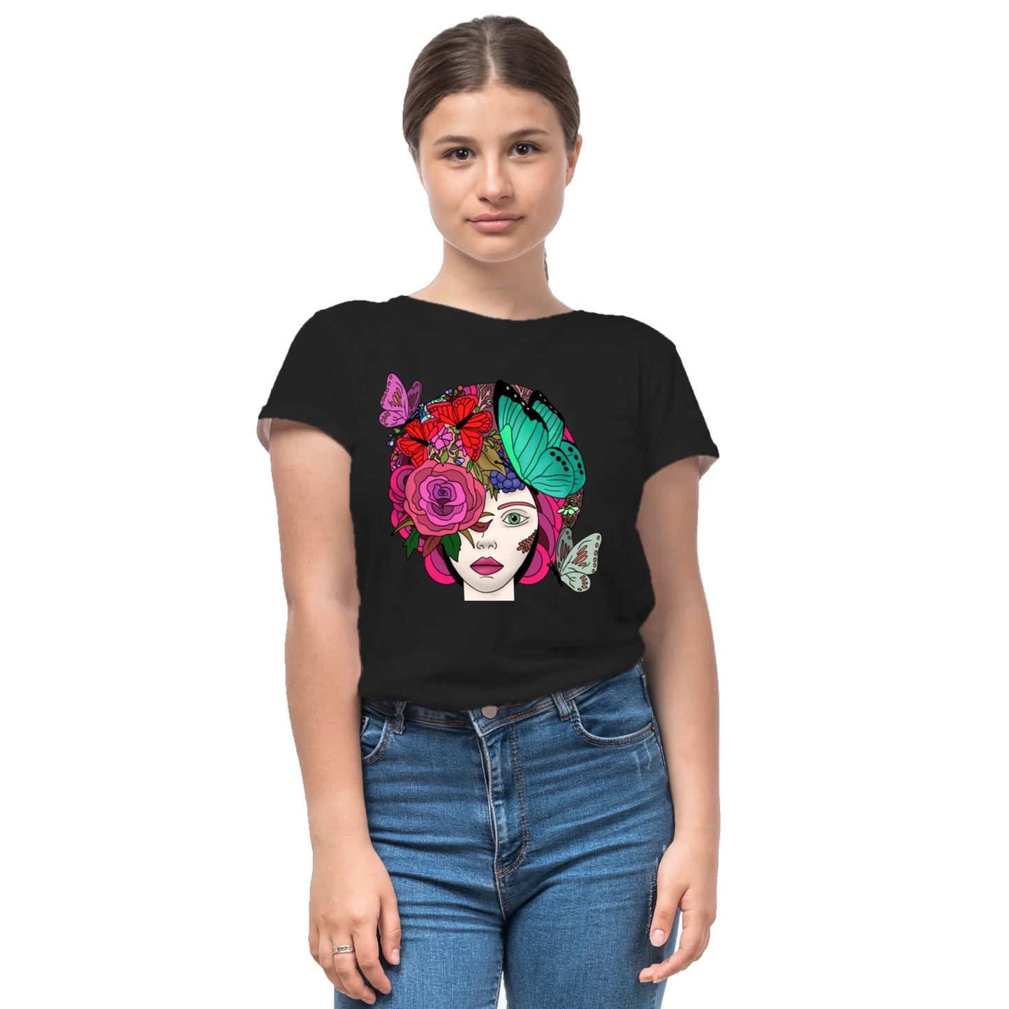 PAINTZSTORIES Butterfly Lady Unisex Cotton Round Neck T-Shirt | Modern Stylish Regular Fit Tee for Men & Women–Soft & Breathable Fabric, Casual Wear, Easy Care, Straight Hem, Comfortable Everyday Fit