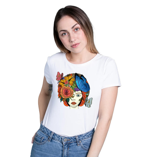 PAINTZSTORIES Butterfly Lady Unisex Cotton Round Neck T-Shirt | Modern Stylish Regular Fit Tee for Men & Women–Soft & Breathable Fabric, Casual Wear, Easy Care, Straight Hem, Comfortable Everyday Fit
