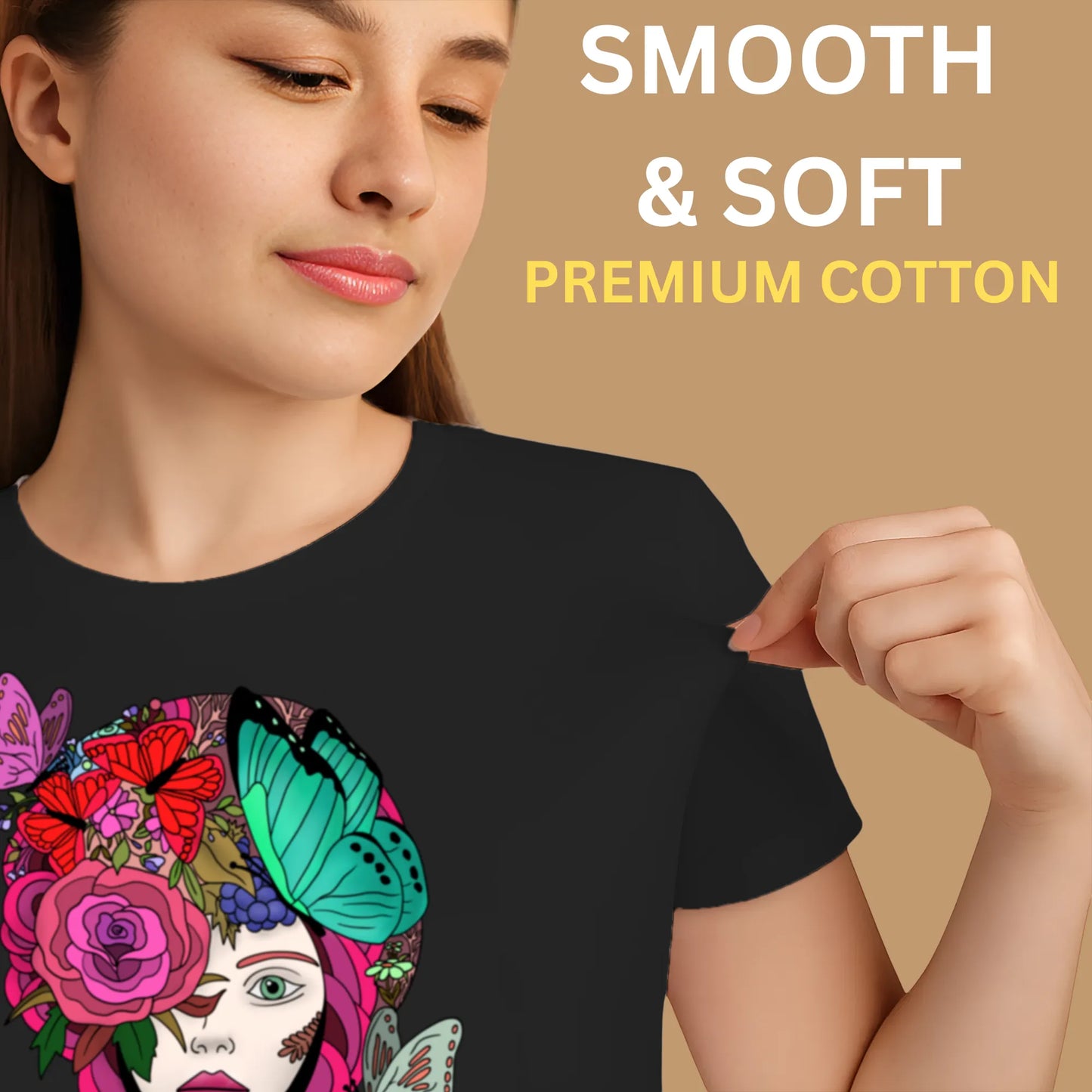 PAINTZSTORIES Butterfly Lady Unisex Cotton Round Neck T-Shirt | Modern Stylish Regular Fit Tee for Men & Women–Soft & Breathable Fabric, Casual Wear, Easy Care, Straight Hem, Comfortable Everyday Fit