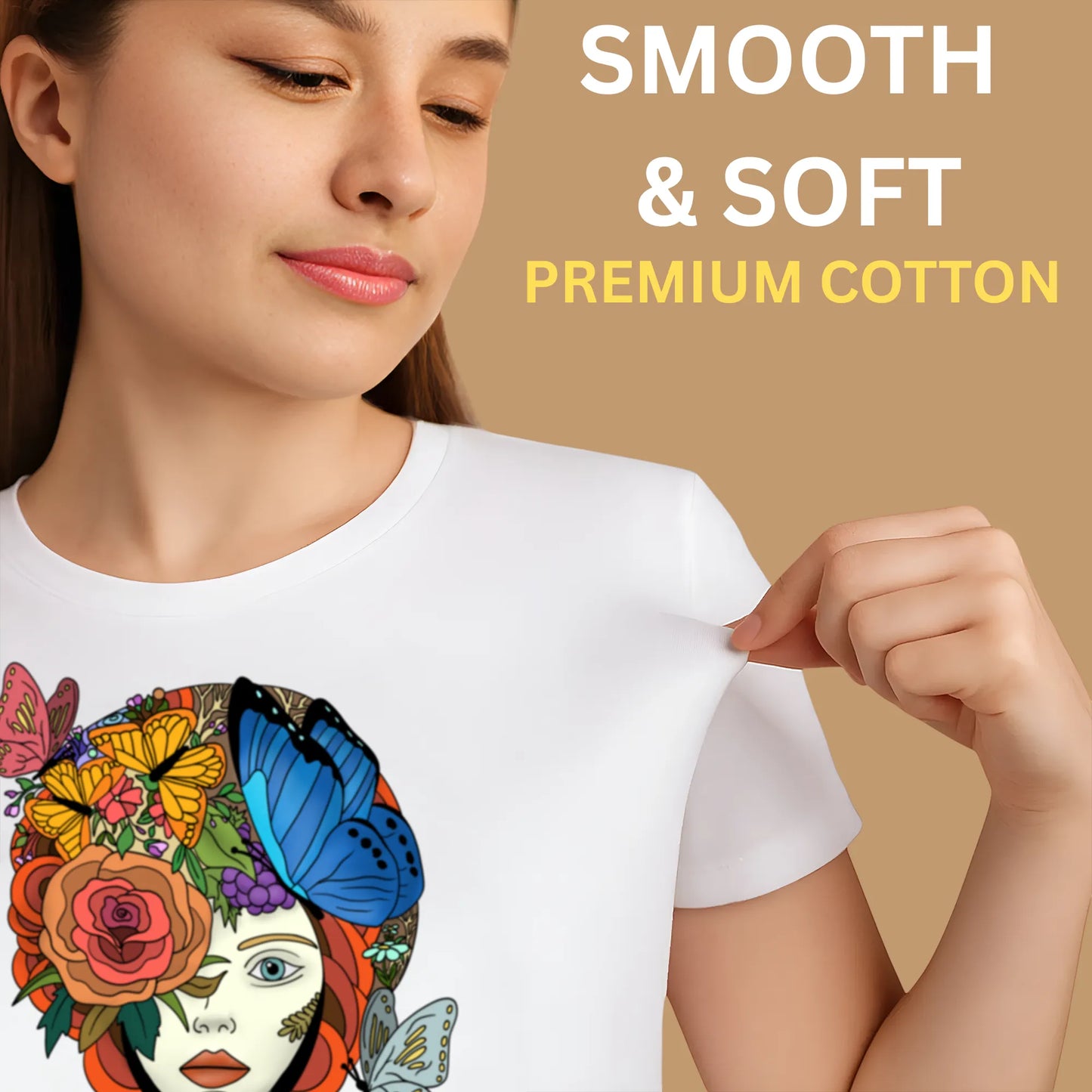 PAINTZSTORIES Butterfly Lady Unisex Cotton Round Neck T-Shirt | Modern Stylish Regular Fit Tee for Men & Women–Soft & Breathable Fabric, Casual Wear, Easy Care, Straight Hem, Comfortable Everyday Fit