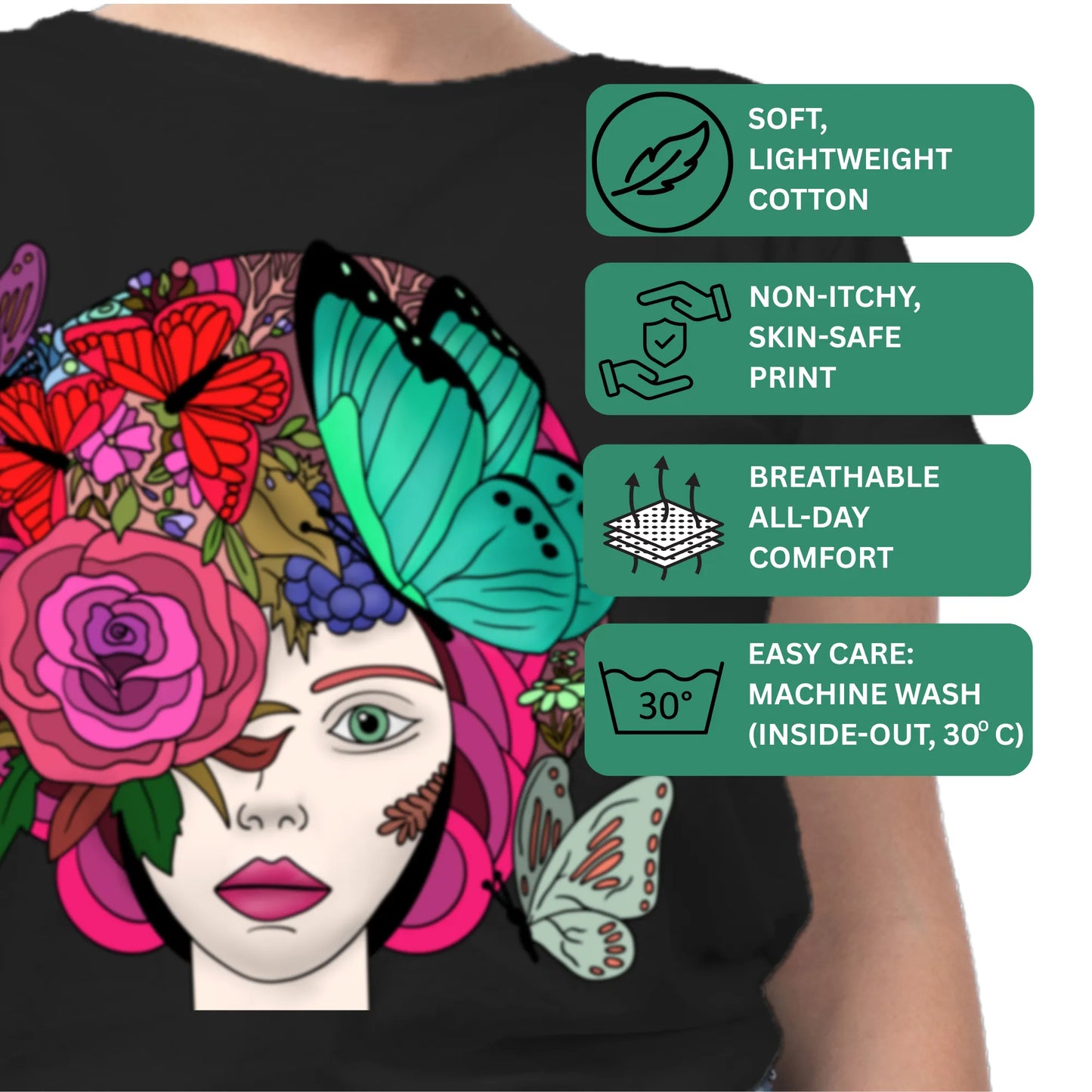 PAINTZSTORIES Butterfly Lady Unisex Cotton Round Neck T-Shirt | Modern Stylish Regular Fit Tee for Men & Women–Soft & Breathable Fabric, Casual Wear, Easy Care, Straight Hem, Comfortable Everyday Fit