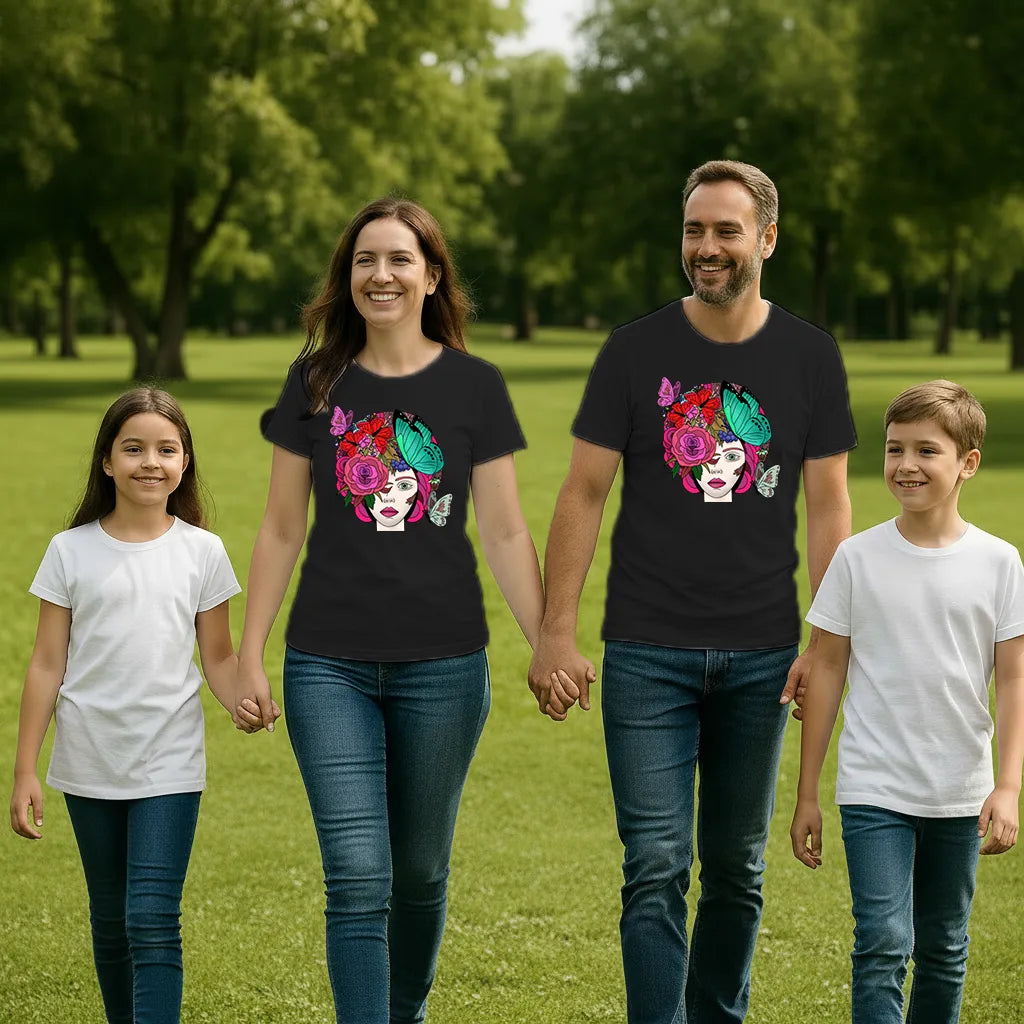 PAINTZSTORIES Butterfly Lady Unisex Cotton Round Neck T-Shirt | Modern Stylish Regular Fit Tee for Men & Women–Soft & Breathable Fabric, Casual Wear, Easy Care, Straight Hem, Comfortable Everyday Fit