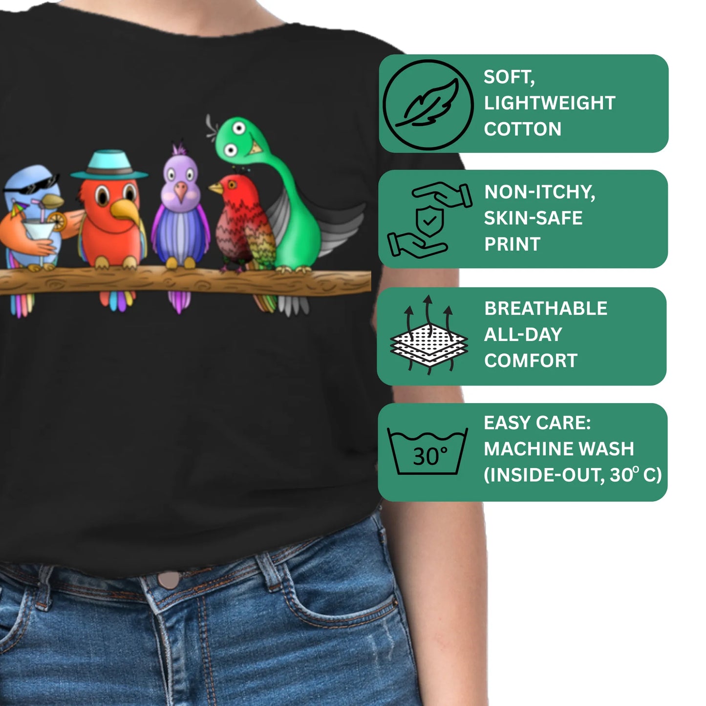 PAINTZSTORIES Five colourful Birds Unisex Cotton Round Neck T-Shirt | Modern Stylish Regular Fit Tee for Men & Women – Soft & Breathable Fabric, Casual Wear, Straight Hem, Comfortable Everyday Fit