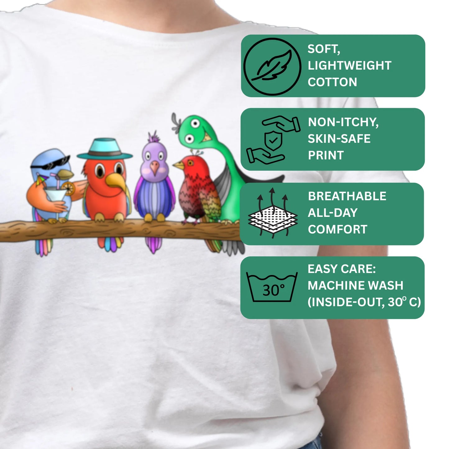 PAINTZSTORIES Five colourful Birds Unisex Cotton Round Neck T-Shirt | Modern Stylish Regular Fit Tee for Men & Women – Soft & Breathable Fabric, Casual Wear, Straight Hem, Comfortable Everyday Fit